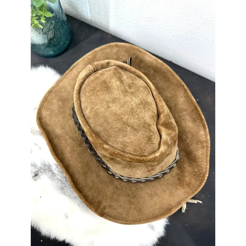 Suede leather outback hat Australia genuine leather tan braided vintage large‎